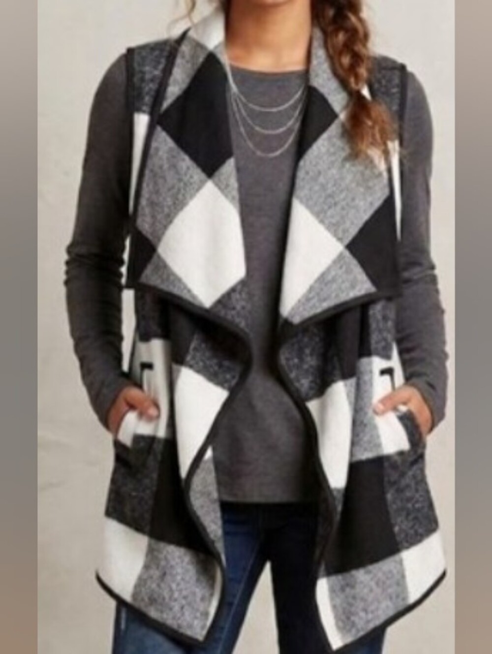 West Loop Cozy Open-Front Black, Gray & White Plaid Vest